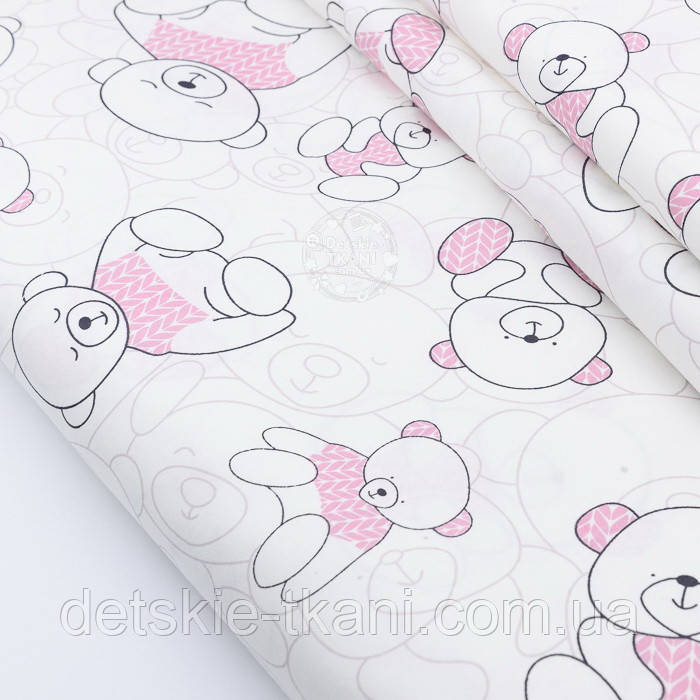 Сатин "Ведмедик в рожевому светрі, фон - айворі", №2316с, фото 1