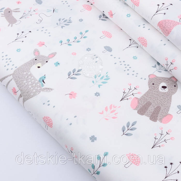 Сатин тканина "Сидячий ведмедик, козуля і рожева лисичка" на білому № 2320с