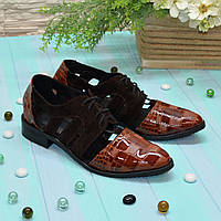 Женские коричневые туфли на шнуровке, натуральная замша и кожа "крокодил"