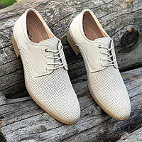 Мужские летние модельные кожаные туфли на шнурках с перфорацией Чоловічі літні шкіряні туфлі (Код: Р1469)