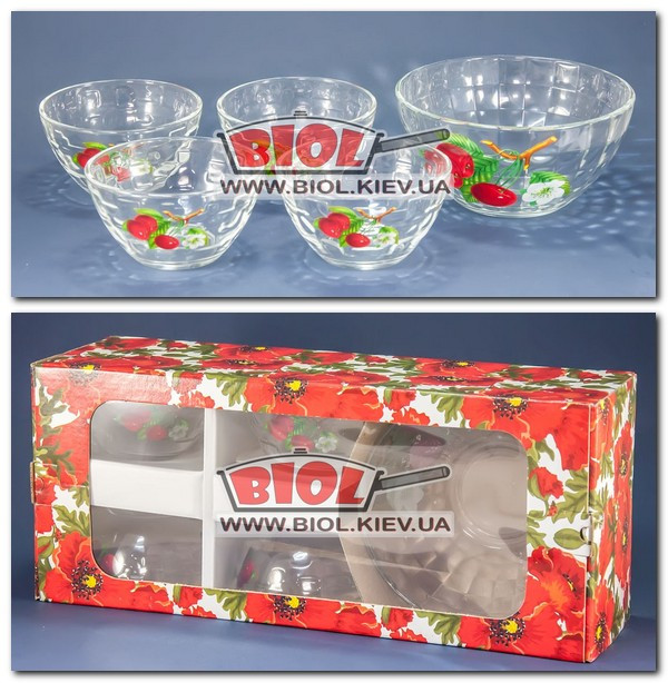 Набір скляних салатників 1+4 шт. "Монарх" (15,5 см, 10,5 см — 4 шт.), декор — вишня