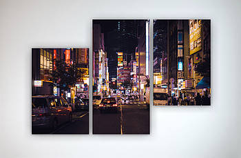Картина з 3х модулів на полотні Нічний міський пейзаж, Вечір вид на місто 90х60 з 3 частин