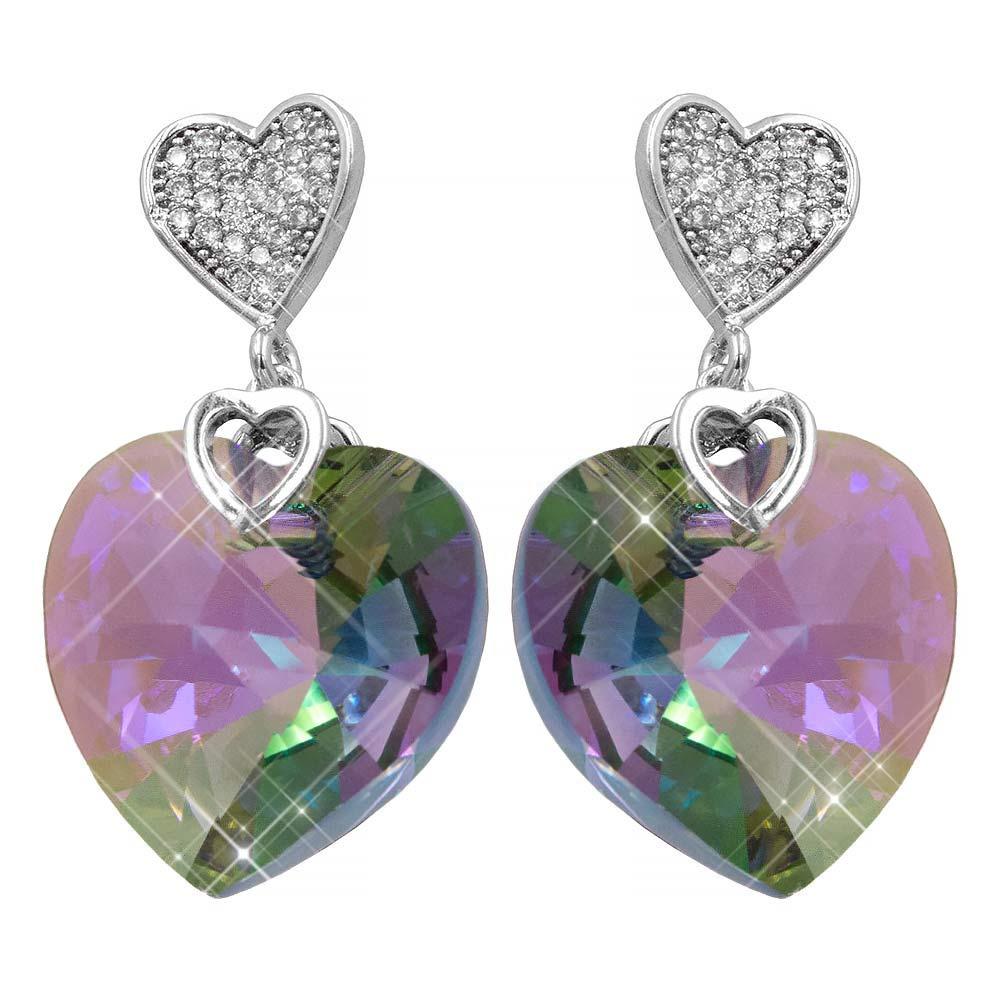 Сережки-цвяшки родій Swarovski Об'ємне серце-камень на металевому сердечку в дрібних каменях