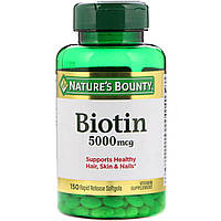 Биотин, Nature's Bounty, 5000 мкг, 150 быстрорастворимых мягких желатиновых капсул