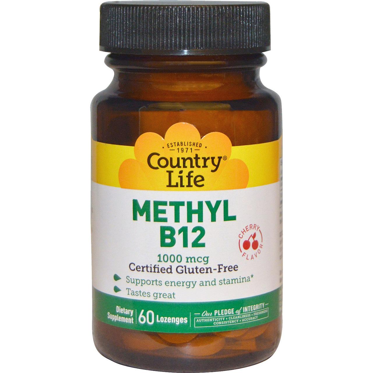 Метил B12, вишневый ароматизатор, Country Life, 1000 мкг, 60 леденцов