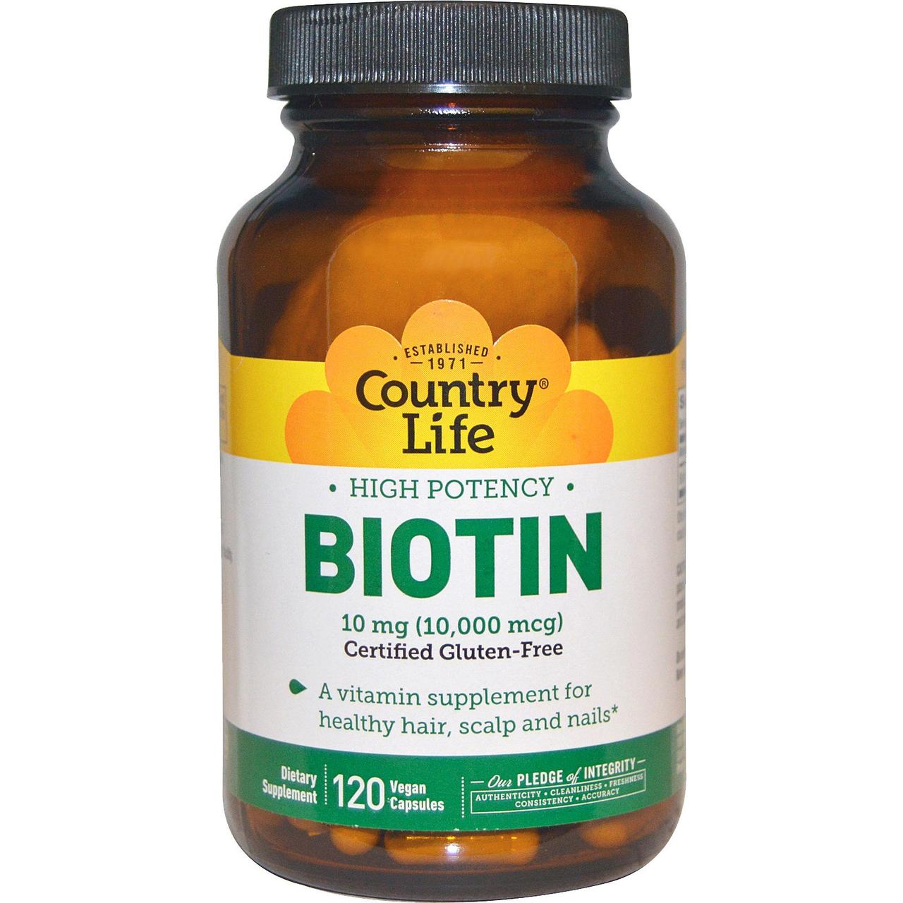 Country Life, Біотин, висока ефективність, 10 мг, 120 капсул веганских