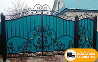 Распашные ворота с коваными элементами и профнастилом, код: Р-0177