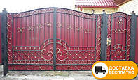 Кованые ворота с калиткой из профнастилом, код: Р-0186