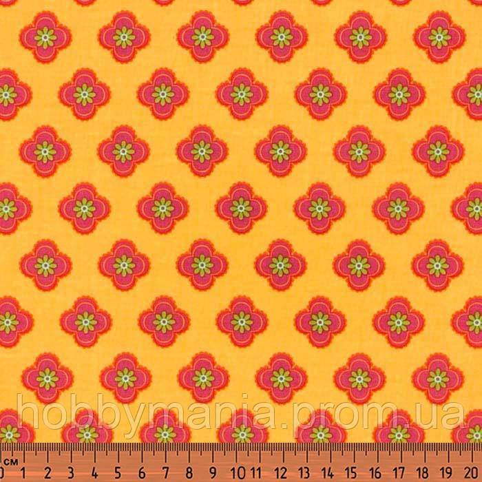 Квіткова геометрія, дрібні квіти-плитка, жовтогарячий, червоний. Бавовна FLO-10