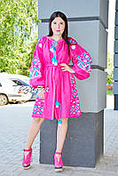 Розовое платье вышиванка лен фуксия, яркая вышивка, яркое платье короткое с вышивкой, коктельное платье фуксия