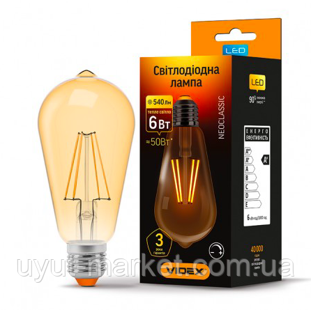 Світлодіодна лампа Едісона 6 Вт E27 2200 K VIDEX Filament ST64FAD бронза димерна, фото 1