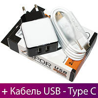 Зарядное устройство для телефона Aspor, Black, 2xUSB, 2.1A, кабель USB - Type C (A811), зарядка+шнур тайп си