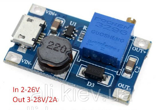 Підвищуючий перетворювач 3-28B/2A з регулюванням вих напруги MT3608 Micro USB