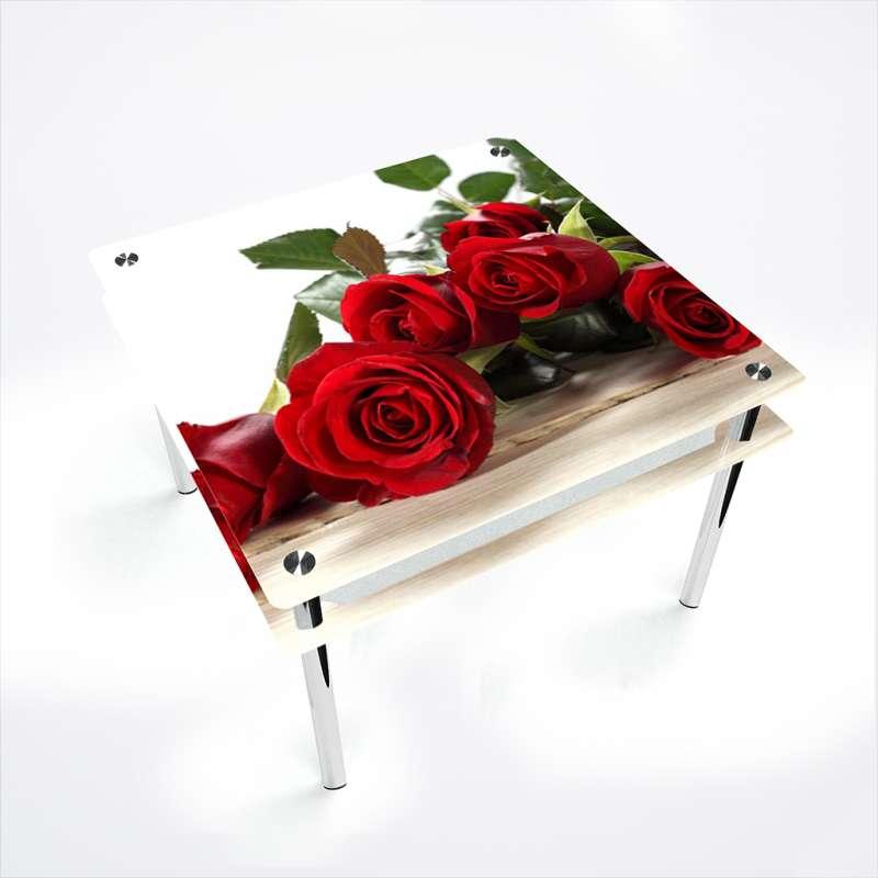 Стіл обідній Квадратний з прохідною полицею скло фотодрук Red Roses 700х700*Еко мм (БЦ-Стіл ТМ)