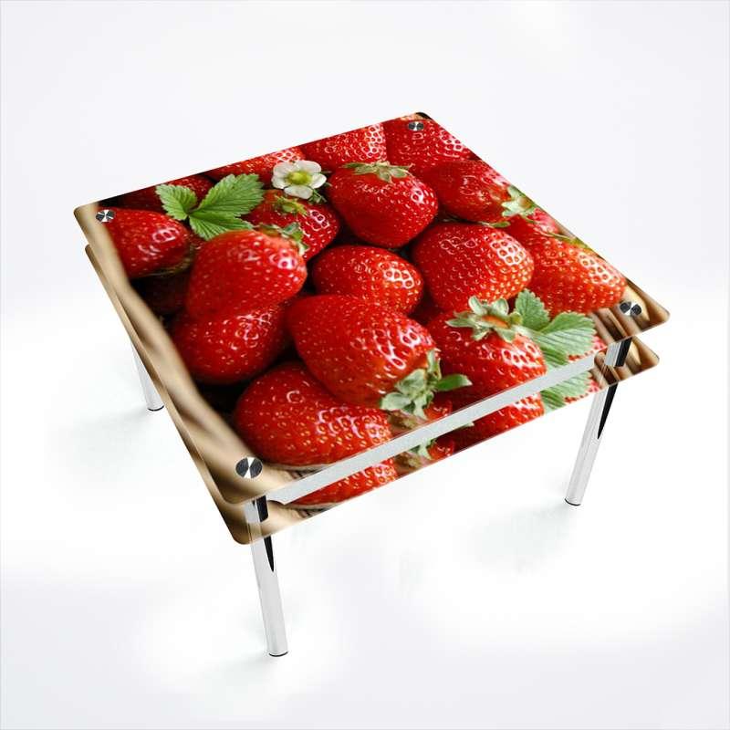 Стіл кухонний скляний Квадратний з прохідною полицею фотодрук Strawberry 70х70 *Еко (БЦ-стіл ТМ)