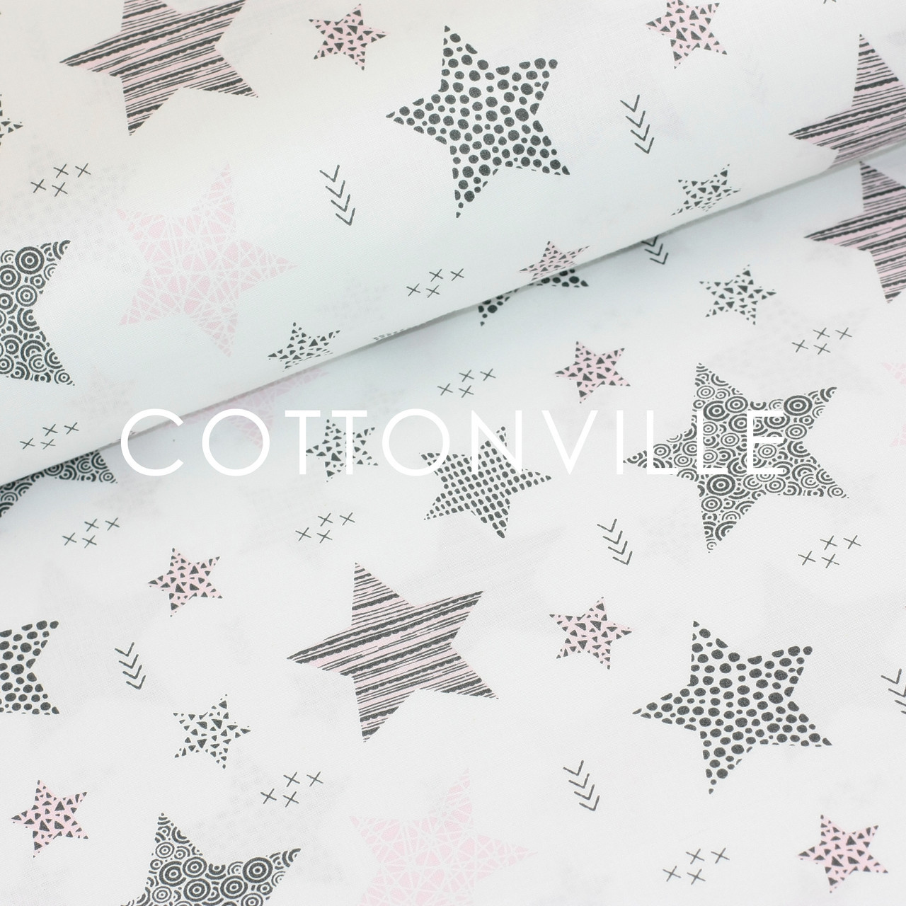 ✁ Відрізи тканини Зірки чорно-рожеві на білому, фото 1