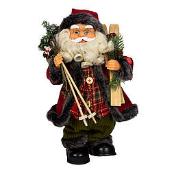 Новорічна інтерактивна фігурка Дід Мороз в червоній шубі з подарунком та лижами, музичний, 36 см (230136)
