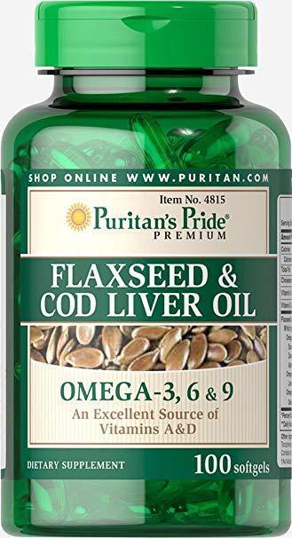 Омега 3-6-9 Puritan's Pride Flaxseed & Cod Liver Oil 1000 mg Omega 3 6 & 9 (100 капс) пурістанс прайд, фото 1