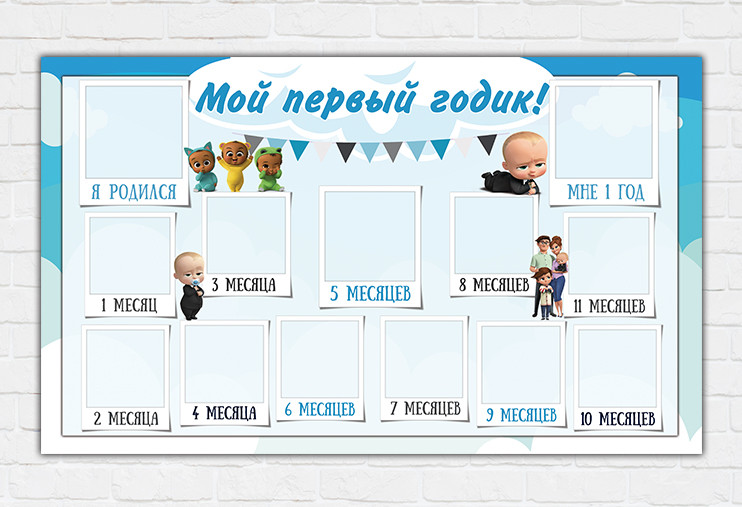 Плакат на 1 рік для свята "Бос Молокосос" "Мій перший рік"(Рос.) блакитний 120х75 см