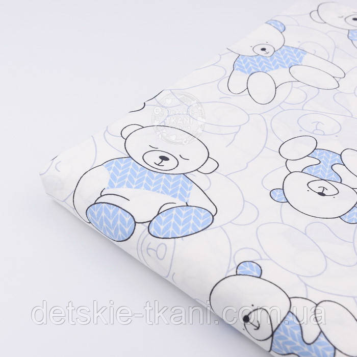 Відріз сатину "Ведмедик в блакитному светрі, фон - айворі", розмір 75*160 см, фото 1