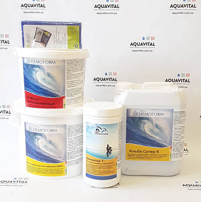 Хімія для басейнів, комплект «Big» (шок-хлор, мультитаб, альгіцид, pH-мінус, тестер) на 30 — 60 м³