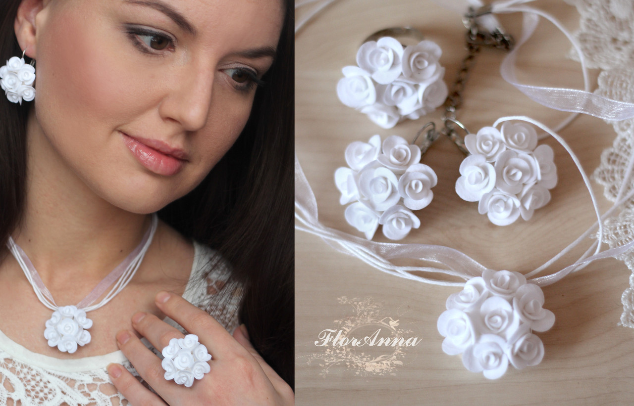 Комплект прикрас з трояндами "Елегантний білий" сережки+кулон+кільце