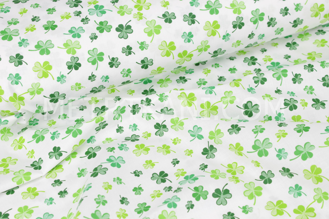 Бавовняна тканина "Листочки конюшина" зелені на білому тлі №1532