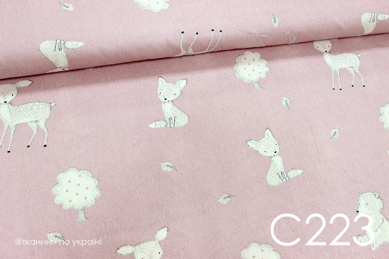 Тканина сатин Звірі на рожевому (ведмідь, олень, лисичка, зайчик)