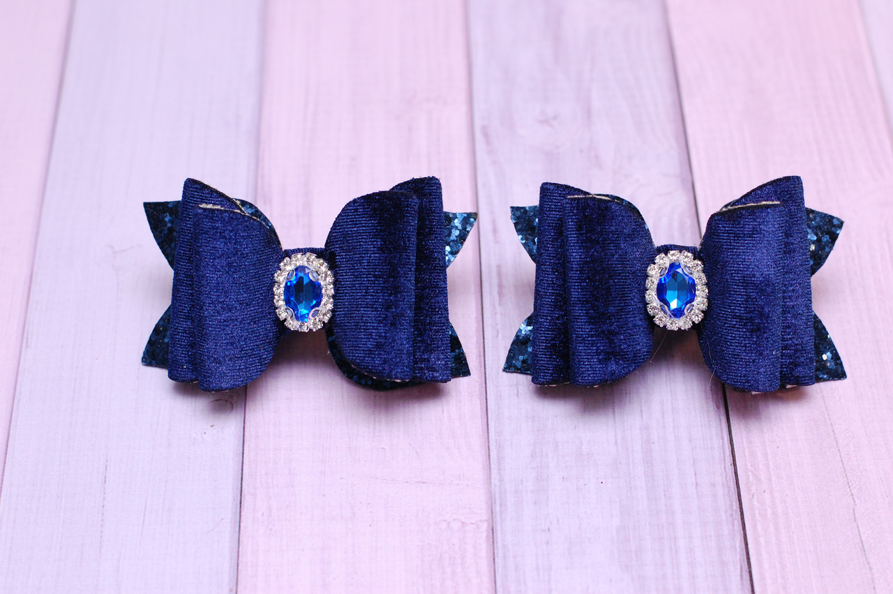 Бантики для волосся на гумці дитячі в школу / прикраса для дівчинки з екокожі і оксамиту сині, фото 1