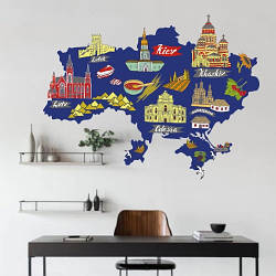 Яскрава карта України зі визначними пам'ятками та містами (наклейки для школи на стіну) матова 1000х760 мм