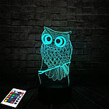 3D світильник з пультом і акумулятором 3D Lamp Сова (LP-2612), фото 3