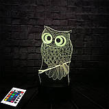 3D світильник з пультом і акумулятором 3D Lamp Сова (LP-2612), фото 5