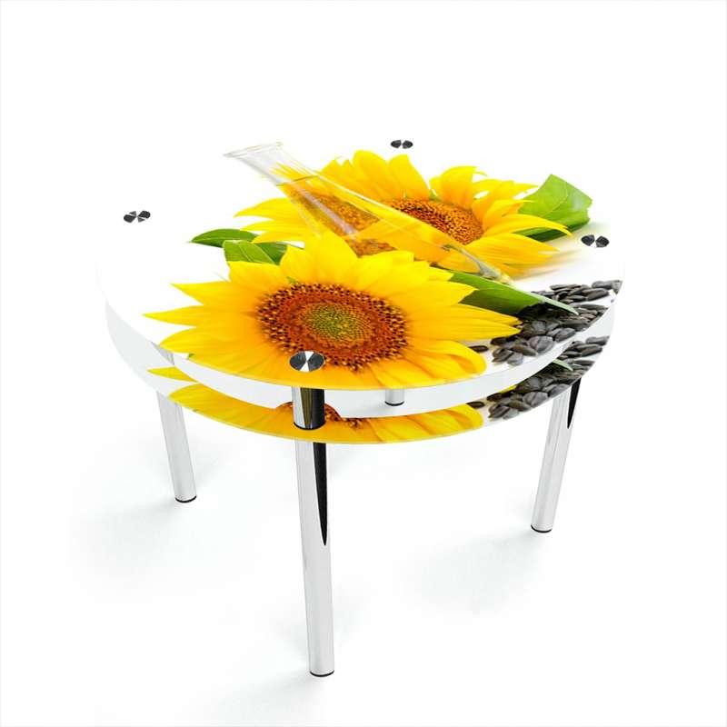 Стіл обідній скляний Круглий з прохідною полицею скло фотодрук Sunflower 700х700*Еко мм (БЦ-Стіл ТМ)