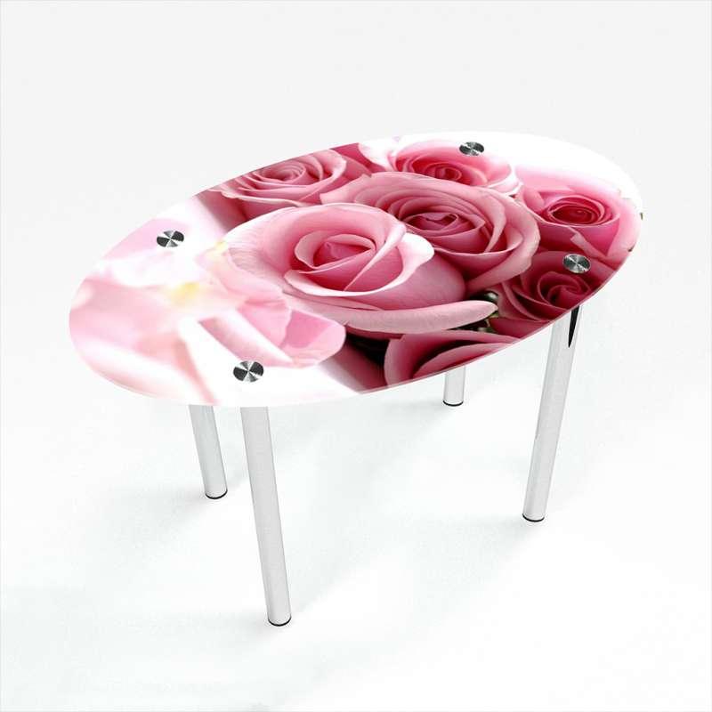 Стіл обідній скляний Овальний стільниця скло фотодрук Pink Roses 1100х650*Еко мм (БЦ-Стіл ТМ)