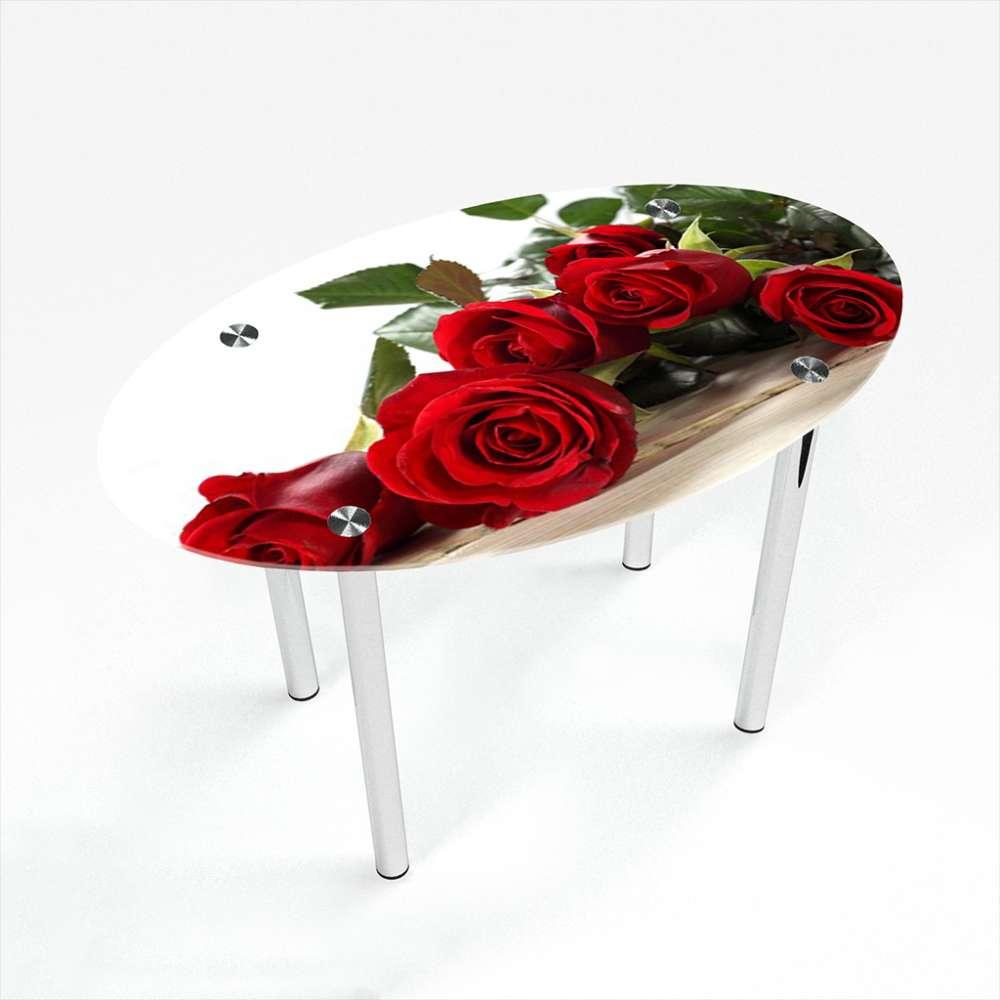 Стіл обідній скляний Овальний стільниця скло фотодрук Red Roses 1100х650*Еко мм (БЦ-Стіл ТМ)