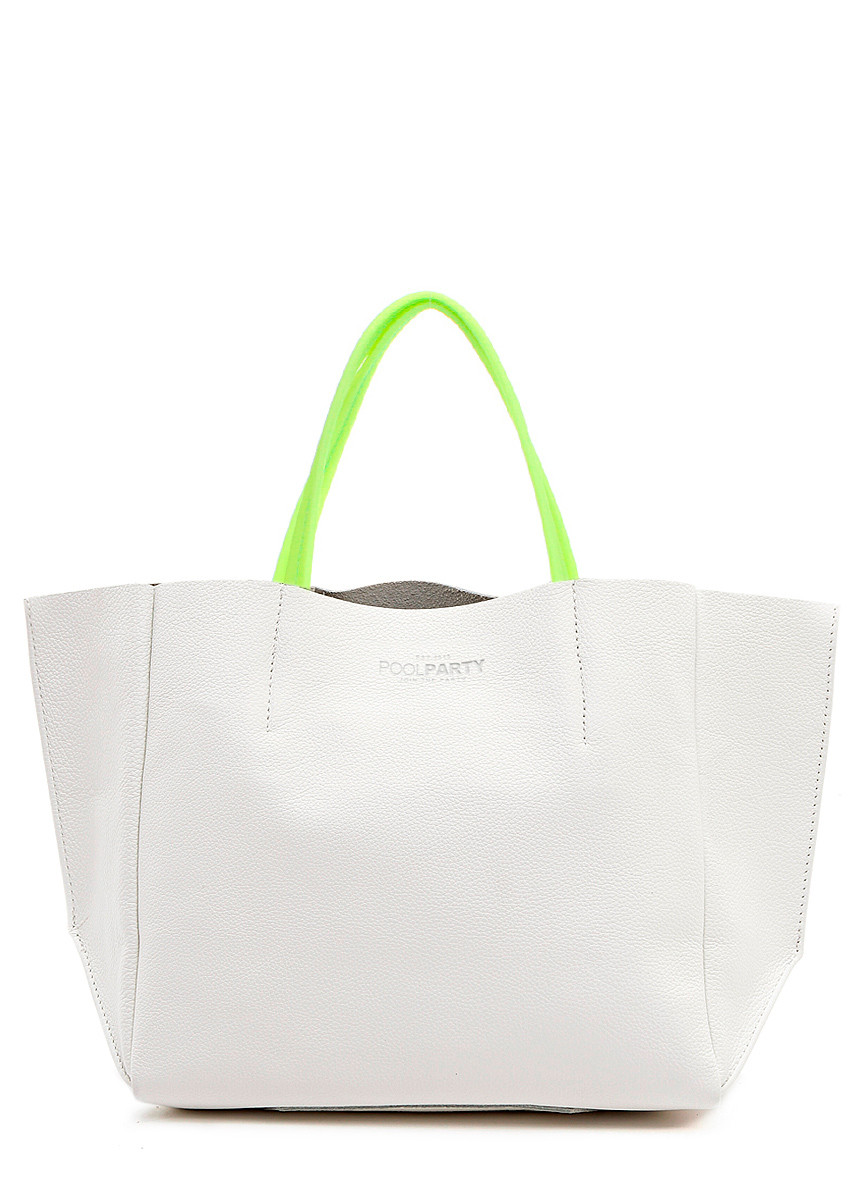 Женская кожаная сумка Poolparty Soho белая с зелеными ручками - фото 1 - id-p102776496