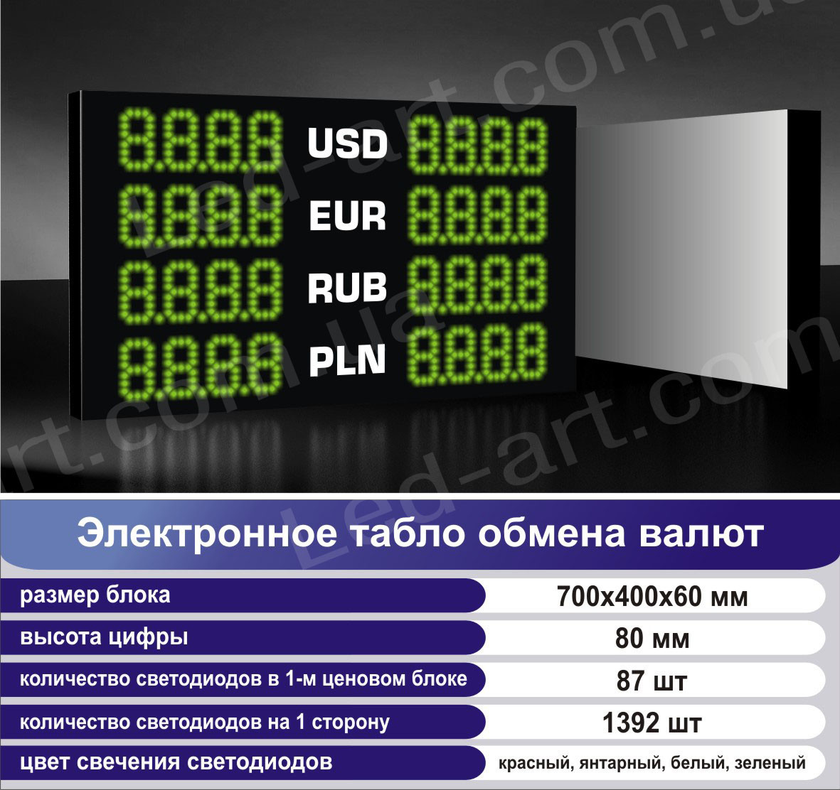 Светодиодное табло обмен валют двустороннее 700х400 мм LED-ART-700х400-1 - фото 2 - id-p102814479