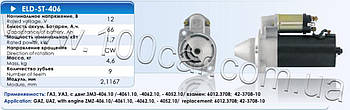 Стартер Eldix ELD-ST-406 для ГАЗ, УАЗ, з двиг. ЗМЗ-406.10, ЗМЗ-4061.10, ЗМЗ-4062.10, ЗМЗ-4052.10, оригінальні номери: 6012.3708,