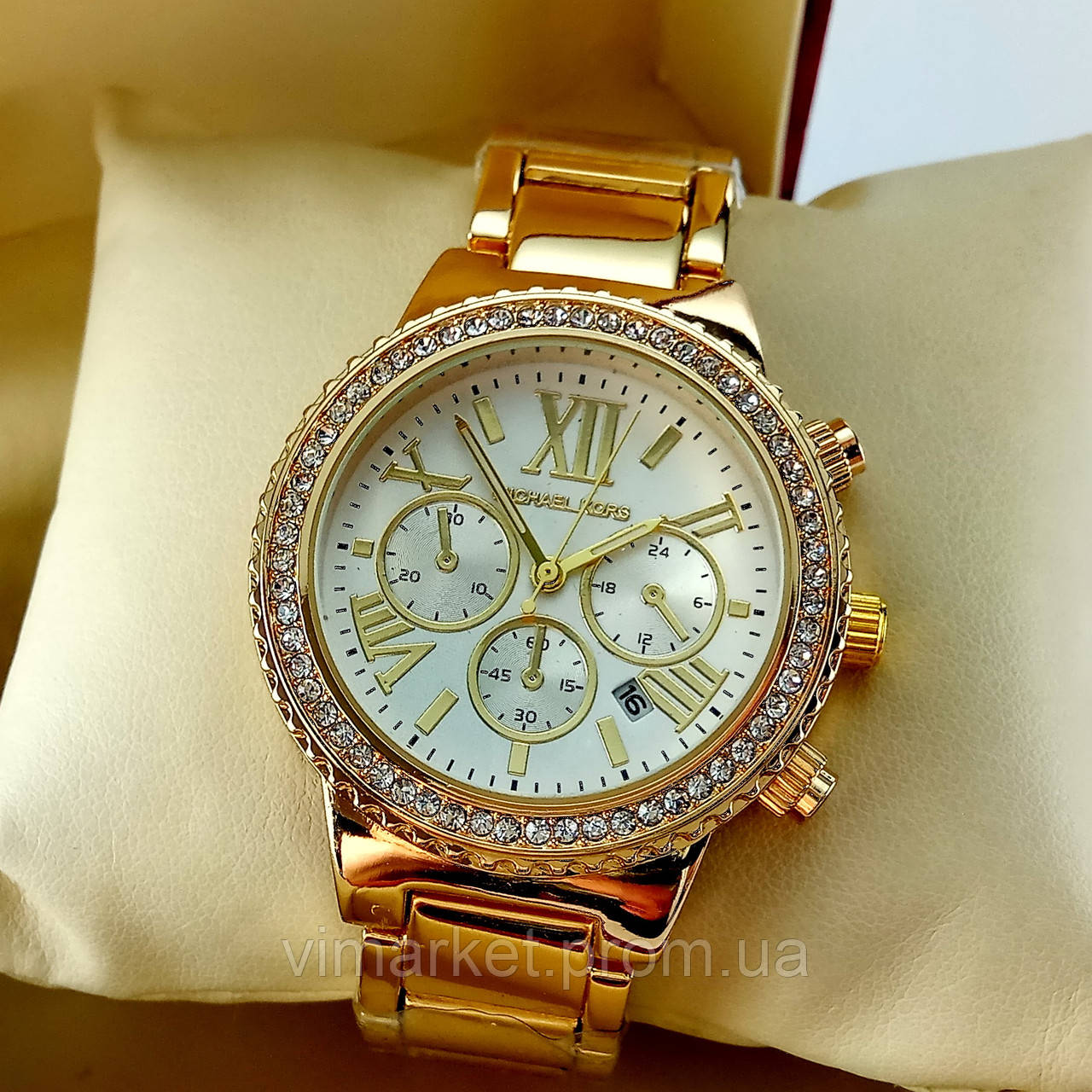Жіночі годинники Michael Kors MK-C30 на металевому браслеті, золотого кольору, з сріблястим циферблатом, з датою