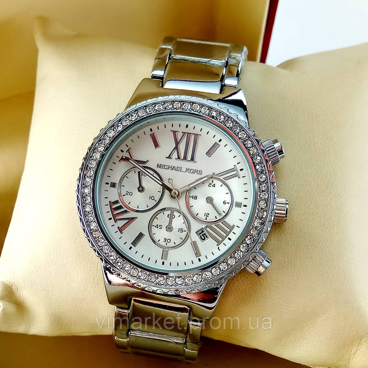 Жіночі годинники Michael Kors MK-C30 на металевому браслеті, сріблястого кольору, з білим циферблатом, з датою
