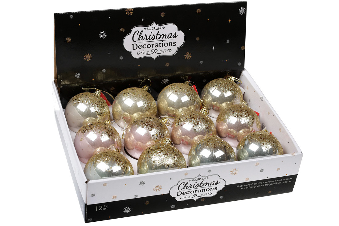 Набір ялинкових шарів 8см,цвет -сірий, розововий, шампань 12 шт