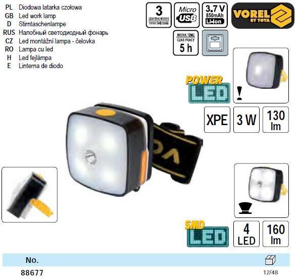 Ліхтар на лоб 3 Вт Li-Ion 3,7В 3 режими VOREL-88677