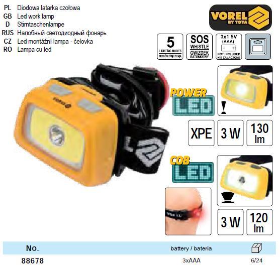 Ліхтар на лоб Польща XPE CREE+COB LED 3+3 Вт 5 режимів VOREL-88678