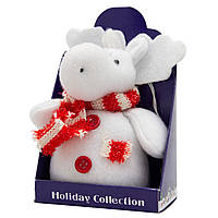 Елочная игрушка мягкая - Белый лось з красным шарфом в полоску, 14 см, белый с красным, текстиль (000029-12)