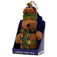Елочная игрушка мягкая - Коричневый медведь с зеленим карманом, 14 см, коричневый, текстиль (000029-18)
