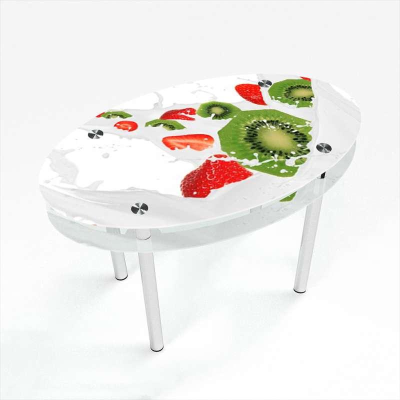 Стіл обідній скляний Овальний з прохідною полицею фотодрук Fruit&Milk 1100х650*Еко мм (БЦ-Стіл ТМ)