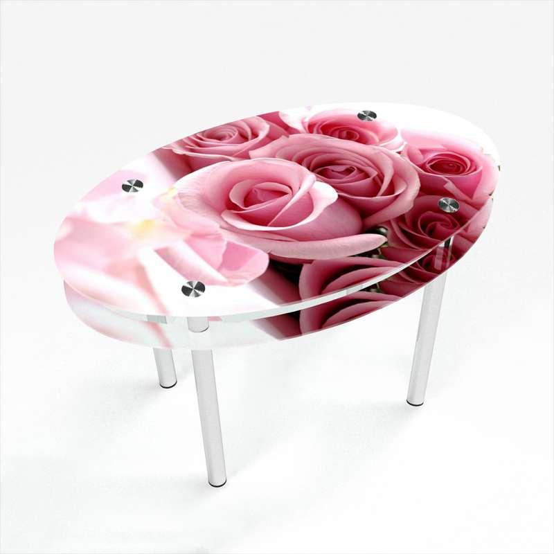 Стіл обідній скляний Овальний з прохідною полицею фотодрук Pink Roses 1100х650*Еко мм (БЦ-Стіл ТМ)