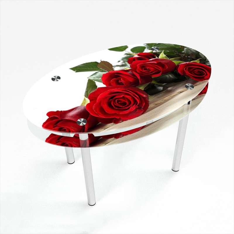 Стіл обідній скляний Овальний з прохідною полицею фотодрук Red Roses 1100х650*Еко мм (БЦ-Стіл ТМ)