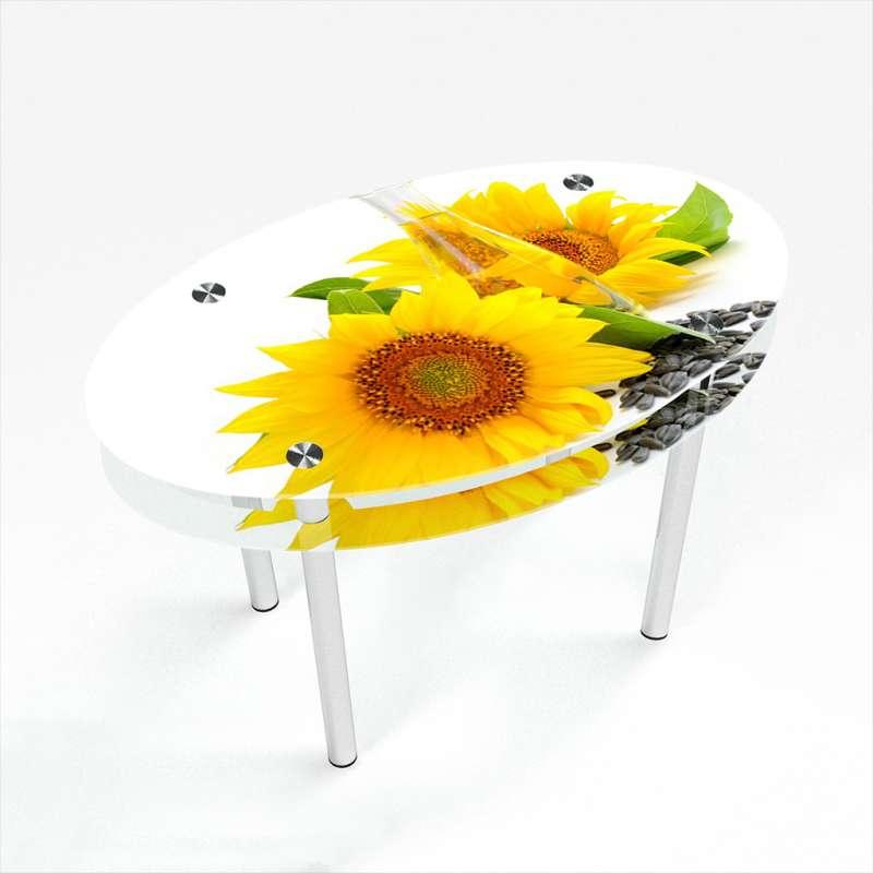 Стіл обідній скляний Овальний з прохідною полицею скло фотодрук Sunflower 1100х650*Еко мм (БЦ-Стіл ТМ)