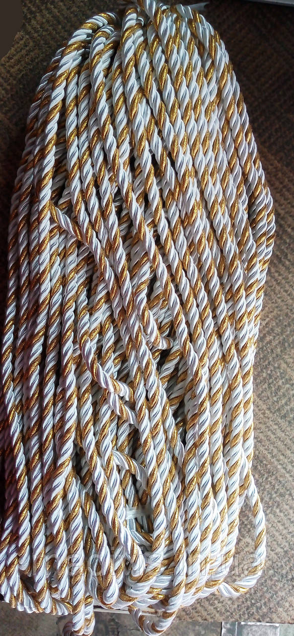 Декоративний канат 11 мм.  94 м. БІЛИЙ капрон із ЗОЛОТОЮ парчою, фото 1
